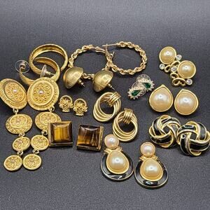 Lot of 12 Gold Tone Costume Pierced Earrings Hoops Studs Dangle